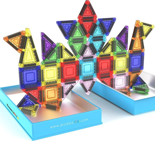 PicassoTiles Nano Magnetic Tiles Travel Set with Storage Tin, Kids Ages 3+ | 39 colorful triangles, 11 squares, lid doubles as a play board, STEM learning, portable screen-free fun, expandable builds
