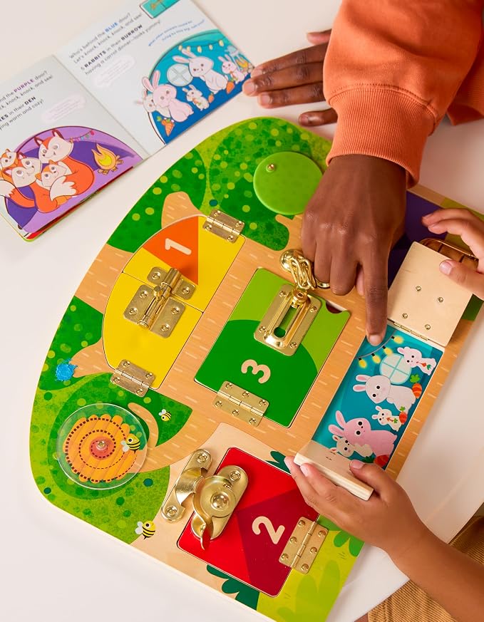 Battat Education – Wooden Latches Board Sensory Activity Toy for Toddlers, Montessori Doors and Locks Busy Board for Fine Motor Skills Development, Educational Toys for 3+ Years | Knock-Knock, Who's Inside? with 5 numbered doors, 2 spinning panels, and...