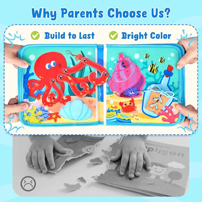 JoyCat Ocean Busy Book for Toddlers 1-3, Montessori Travel Activity Book | Ocean busy book with sea animal activities helps toddlers practice life skills, fine motor skills and quiet travel play.