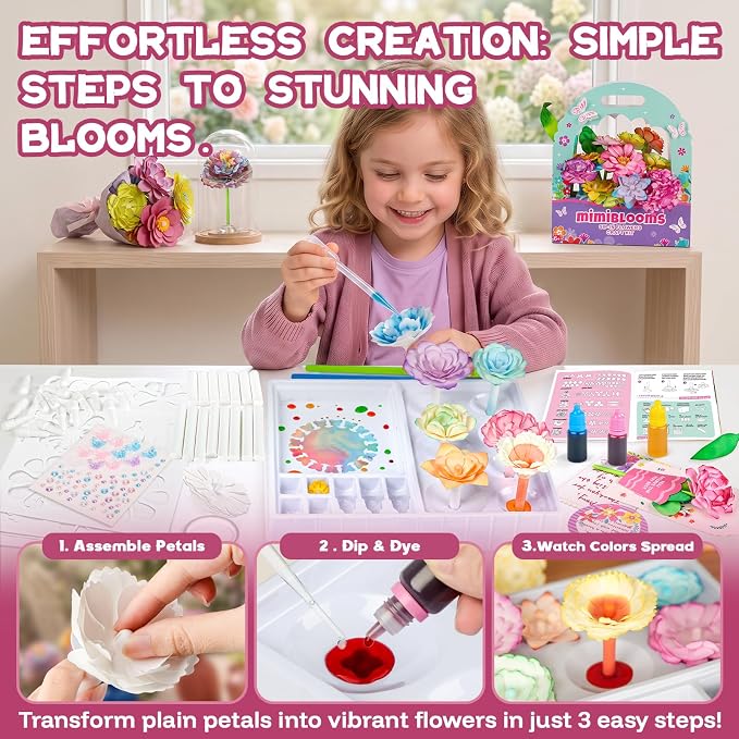 Mimiblooms Paper Flowers Science Kit for Girls for Girls 6 7 9 10 11 Years | Magic Flower Paper Color Science Dyeing Kit, Arts&Crafts for Kids Age 8-12, Science Experiments Color Changing for Girls
