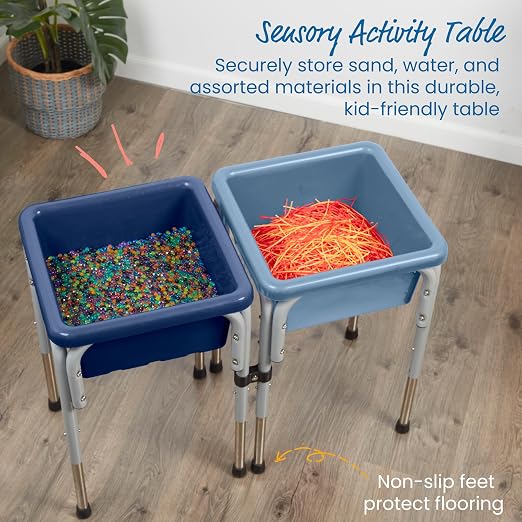 ECR4Kids 2-Station Sand and Water Adjustable Play Table, Sensory Bins, Navy/Powder Blue | Durable plastic/steel, GREENGUARD Gold Certified, 3-5 years, 80 lb capacity, adjustable legs, easy-lift lids, indoor/outdoor