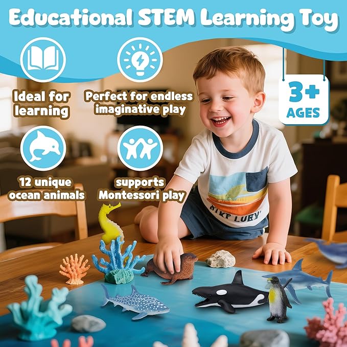 Ocean Sea Life Toy Figures Set for Kids, 12 PCS Realistic Marine Animals with Shark, Dolphin, Sea Turtle, Penguin, Seal, Clownfish, Crab, Ocean Animal Figure Toys for Boys Girls Toddlers