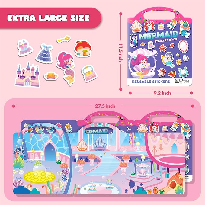 Premium Reusable Jelly Sticker Book Set for Toddlers & Kids – 3 Pack Collection with Castle, Mermaid & Children's Scenes | Washable Silicone Stickers | Screen-Free Travel Activity