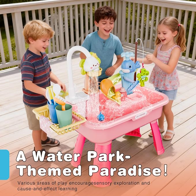 Toddler Water Table for 1-3 Year Old - Upgraded Electric Pump Water Toys, Outdoor Sensory Play Sand & Water Table, Kitchen Sink Toy with Running Water & Fishing Game, Summer Gifts for Boys Girls(Pink)