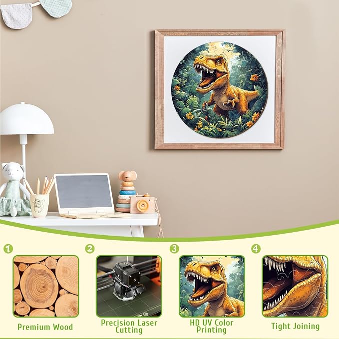 Wooden Puzzles for Kids - Dinosaur Tyrannosaurus Rex | 50 Piece Puzzles for Kids Ages 4-6 - Kids Puzzle with Unique Animal Shapes - Round Puzzles for Boys and Girls (11.4 * 11.4in)
