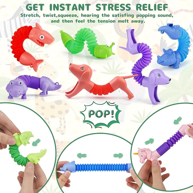 20 PCS Animal Pop Tubes Fidget Toys, Party Favors Toddlers Kids Travel Entertainments, Classroom Prizes,Carnival Prizes,Piñata Stuffers,Stress Relief Sensory Toys for Kids 3-8