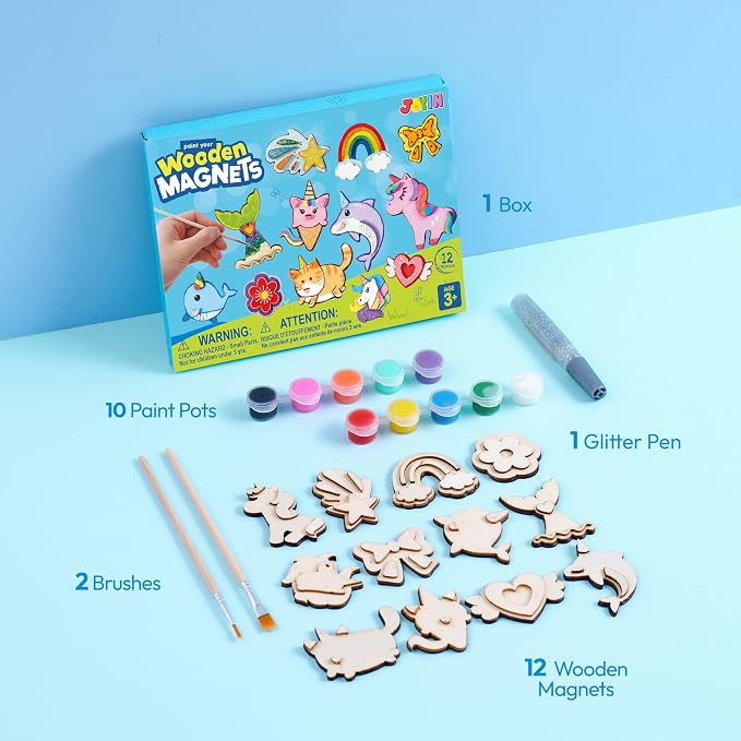 JOYIN 12 pcs Fantasy Wooden Magnets, Kids Unicorn Painting Craft, Spring and Rainy Day Activities School Art Projects, Toys for Kids Aged 3+ Birthday Easter
