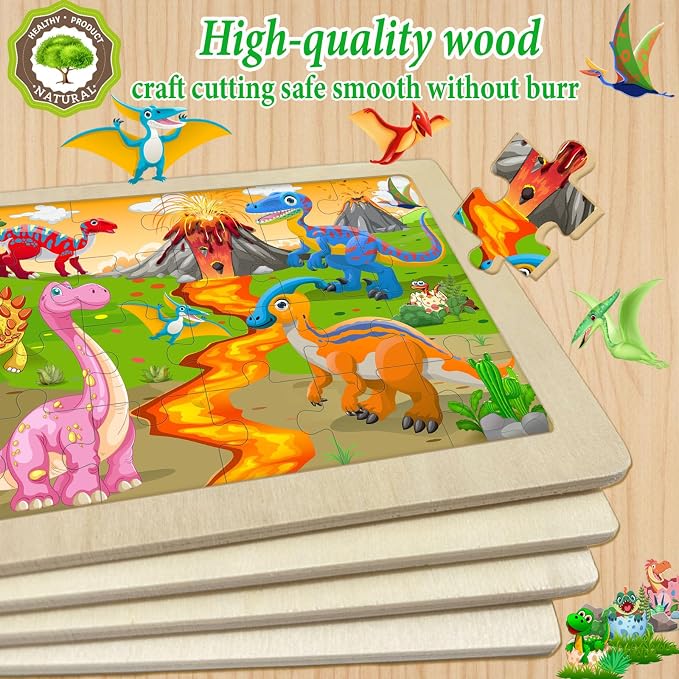 Wooden Puzzles for Kids Ages 4-6, 4 Pack 24 Pcs Toddler Puzzles Set for Ages 3-5, Educational Toys Gift for Boys Girls 3 4 5 6 7 8 (Dinosaur Land, Volcano, Sea & Forest Dino Worlds)