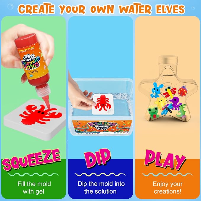 Kiditos Color-Changing Magic Water Elf Kit for Kids, DIY Craft Kit | 8 Gels & 10 Molds, Magic Aqua Fairy Water Gel Kit, STEM Science Activity, Party Favors & Birthday Gifts for Kids Ages 3+