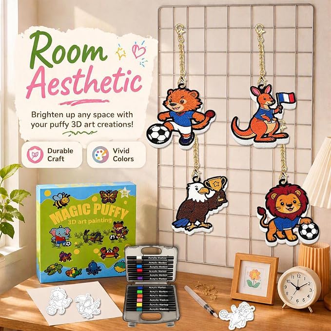 MWOMGLP Magic Foam Texture Painting Kit, 16 Pack DIY Puffy Foam Art Craft Set for Kids, 3D Sensory Painting Paper with Colorful Foam Sheets, Creative Gift for Boys Girls Ages 3+(Animal Football)