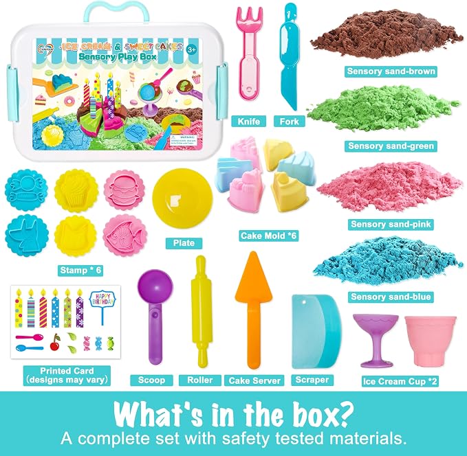 Carolart Cake Sensory Bin, Sand Baking Toys for Kids, Play Cake Sand Kit | Ice cream and dessert sensory play with colorful sensory sand, pretend bakery activity, gift for kids ages 3-8