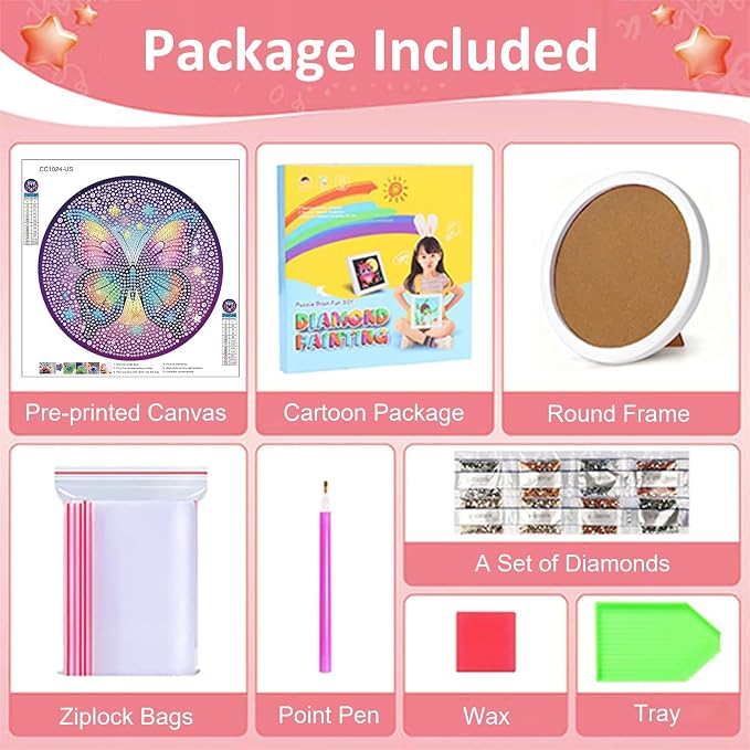 Gemozaic Butterfly Diamond Art Kits for Kids Ages 6-8-12, Round Frame, 8x8 | Cute Animal Diamond Art for Kids 6 8 9 10 12 Year Old, Easy Kid Big Gem Painting, DIY Arts and Crafts for Girl Birthday Gift