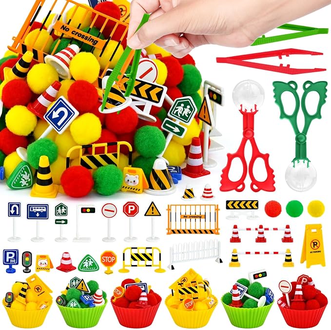 143 Pcs Traffic Sensory Bin Items Traffic Light Stop Sign Traffic Cones Parking Sign Crosswalk Counting Sorting Sensory Bin Filler Fine Motor Traffic-Themed Counts for Summer Counting Sorting