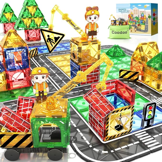 Kids Games Magnetic Tiles Road Set with Extendable Crane Magnetic Blocks | City Construction Building Toys for Toddlers STEM Preschool Ages 4-6 5-7, Gifts for 3+ Year Old Boys Girls Kids Toys with Car