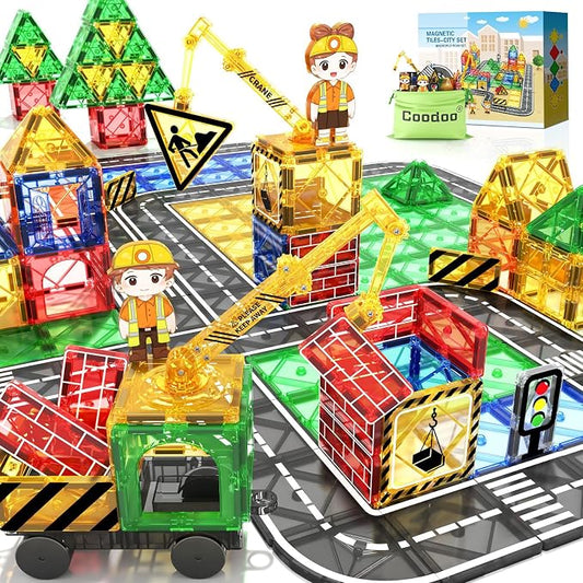 Kids Games Magnetic Tiles Road Set with Extendable Crane Magnetic Blocks | City Construction Building Toys for Toddlers STEM Preschool Ages 4-6 5-7, Gifts for 3+ Year Old Boys Girls Kids Toys with Car