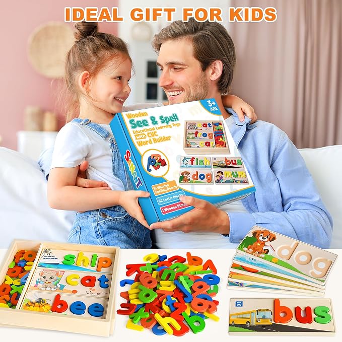 Learning Toys for 3 Year Old, Alphabet Puzzle Spelling Games Preschool | Wooden Alphabet Puzzle with 52 Letter Blocks, CVC Word Matching, Montessori Learning for Preschool Kids Ages 3-5