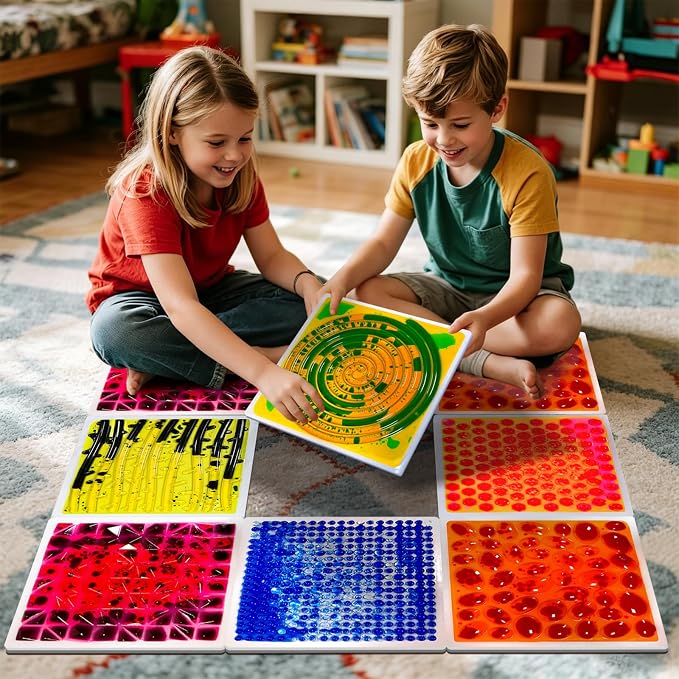 Sensory Floor Tiles for Daycare: 12" Textured Step-On Mats, 6 Pack | Colorful Liquid Flow and Tactile Patterns for Sensory Paths, Stepping Games, Balance Activities, and Gross Motor Play