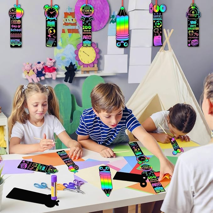 JUNEBRUSHS 30Pcs 100 Days of School Scratch Bookmarks, Rainbow Magic Scratch Paper Art for Kids 100 Days of School Craft for 100th Day of School Gifts Activities Project Party Favors