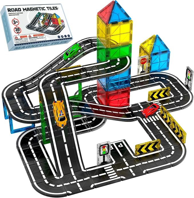Road Magnetic Tiles for Kids Ages 4-8 with Cars,Ramp Magnet Tiles Boy Toy | Magnetic Tiles Road Expansion Set with Cars, Race Track Magnet Building Blocks,STEM Toys for 4+ Years Old Boy Birthday Gifts