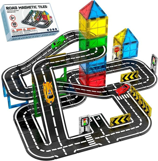 Road Magnetic Tiles for Kids Ages 4-8 with Cars,Ramp Magnet Tiles Boy Toy | Magnetic Tiles Road Expansion Set with Cars, Race Track Magnet Building Blocks,STEM Toys for 4+ Years Old Boy Birthday Gifts