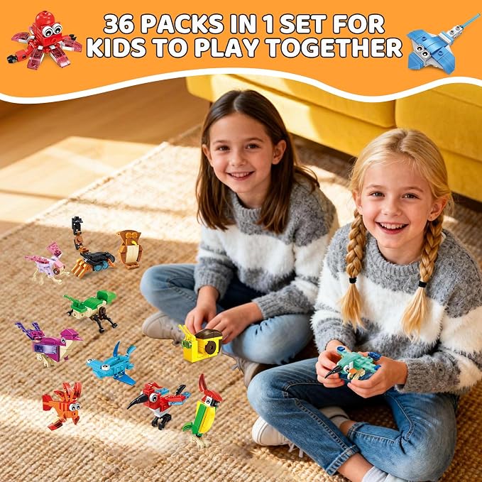 Mini Building Blocks Sets Party Favors for Kids 4-8, 36 Packs | Small Animal Building Block Sets, Treasure Box Prizes, Pinata Stuffers for Kids, Prize Kids Classroom, Goodie Bag Stuffers