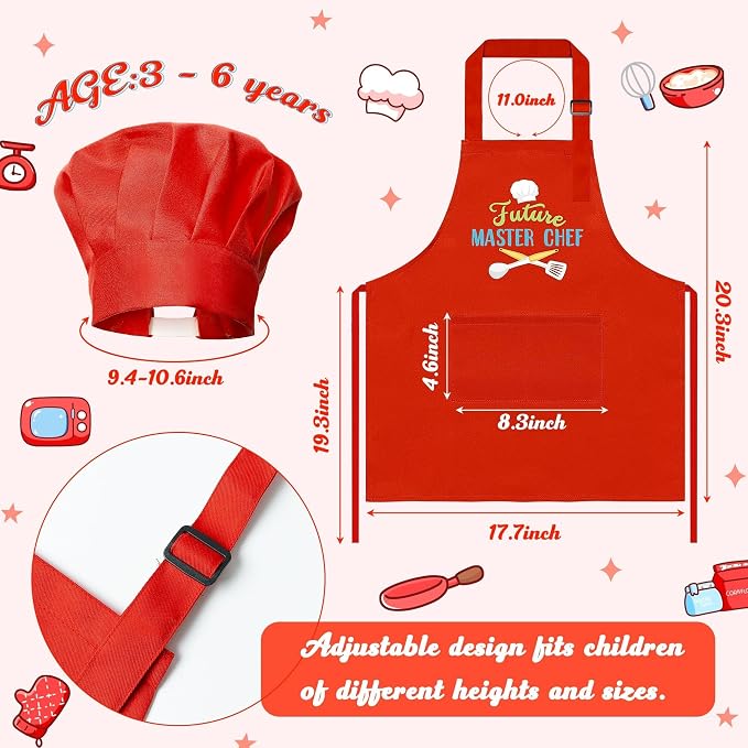 R HORSE 2 Pieces Kid Apron and Chef Hat Set, Dress up Pretend Play Toy | Red Future Master Chef Adjustable Children Kitchen Apron Set, Ideal for Cooking, Baking, Painting, Cooking Birthday Gift