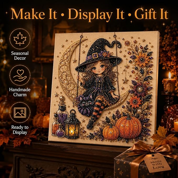 Halloween Pearl Art Kit for Adults, DIY Fall Craft (Witch) | Create textured Halloween decor through a screen-free, beginner-friendly craft activity.