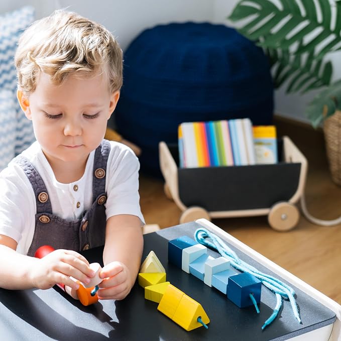 PlanToys® Geo Lacing Beads Wooden Montessori Fine Motor Early Math Kids Toy | geo lacing beads, wooden montessori fine motor early math, shape recognition colour exploration, threading coordination, kids