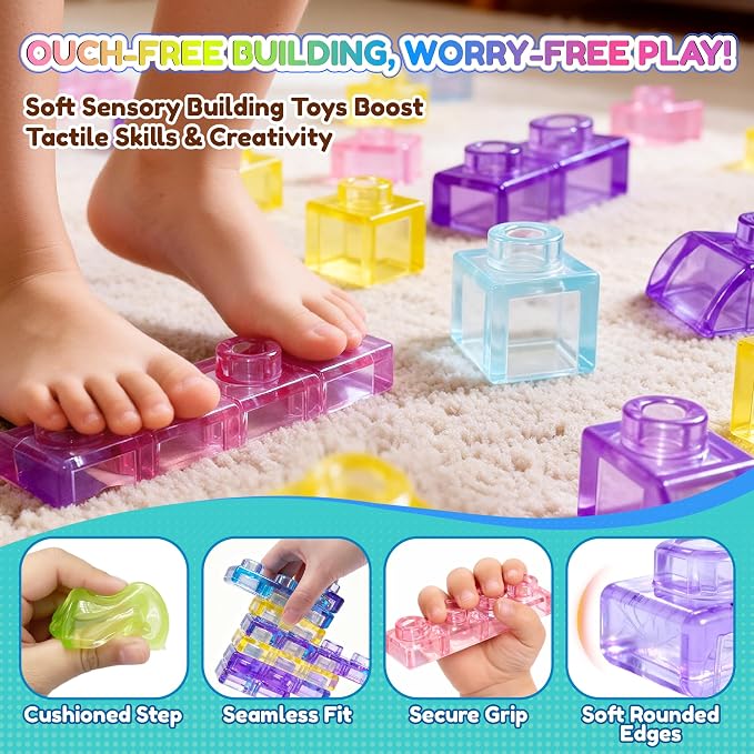 42PCS Soft Train Sensory Building Blocks with Wheels,Squishy Stacking Toy | Preschool Educational Creative Play, Montessori Squeezable, Stretchable Early Learning Construction Playset, Puzzle Blocks