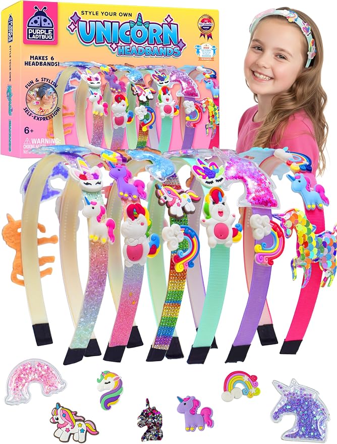PURPLE LADYBUG DIY Unicorn Girls Headbands - Unicorn Gifts for Girls 4-6, 7 Year Old Girl Birthday Gifts Idea, Fun Hair Accessories Set for Age 5 6 7 8 9 10, Arts and Crafts for Kids Ages 6-8