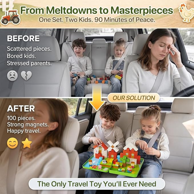 Magnetic Cubes Farm Travel for Kids: Hold 15 Blocks, 60s Storage | 100 PCS Animal Building Set, N32 Magnets & Portable Tin Case – Screen-Free Car, Plane & Road Trip Toy for 2 Toddlers Ages 3-8