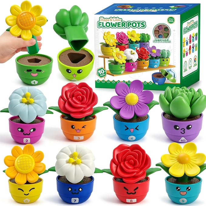 GEERAY Montessori Flower Garden Building Toy, 10 Sets Toddler Shape & Color Matching Game, Fine Motor Skills Preschool Sensory Toys, Educational Gardening Gift for 1-3 Year Old Boys Girls