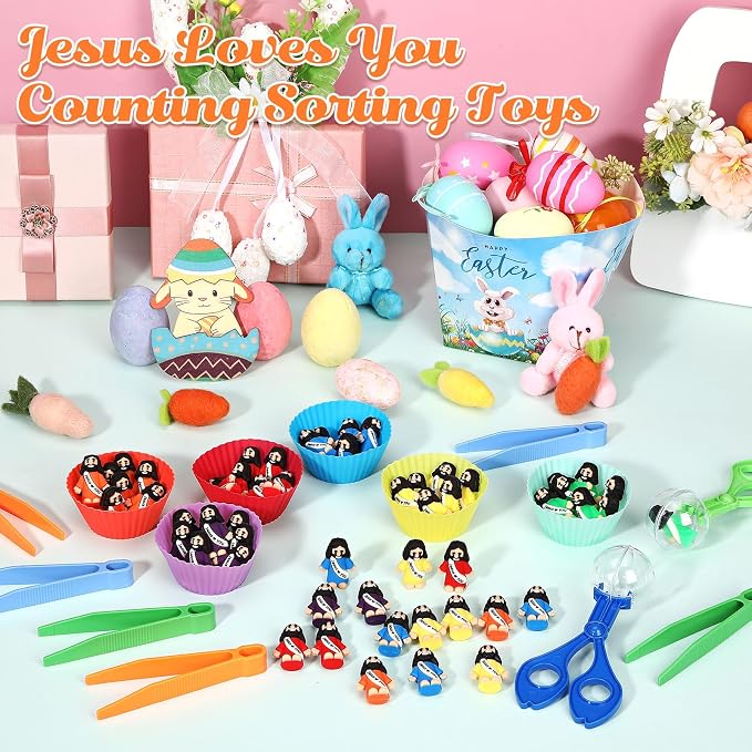 74 Pcs Counting Sorting Toys Fine Motor Skills Handy Scooper Set Sensory Bin Fillers Includes 60 Little Jesus Figures 6 Tweezers 2 Scissors Clips and 6 Colorful Cups for Early Education
