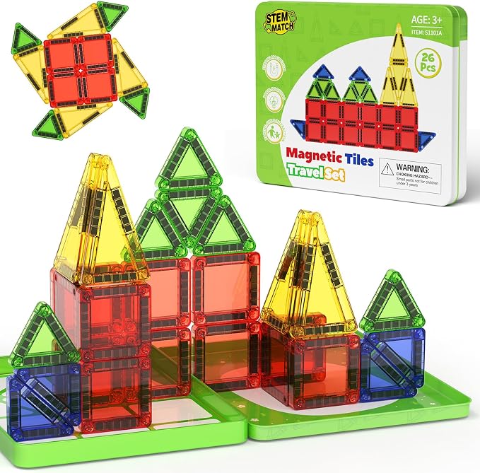 Travel Magnetic Car Tiles Set: Strong Magnets,Road Trip Essentials | 26 PCS Mini Magnet Building Blocks in Tin Box, 0.65lb Pocket Educational Toy, Toddler Airplane Activity Toys Ages 3-8