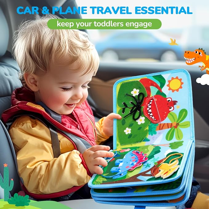 JoyCat Dinosaur Busy Book for Toddlers 2-5, Montessori Quiet Activity Toy | Dinosaur busy book with life skills activities helps toddlers practice fine motor skills and enjoy quiet travel play.