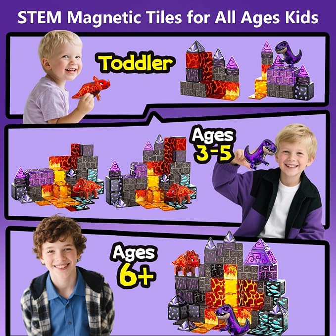 GobiDex Dinosaur Magnetic Tiles Set, Lava Cave Dinosaur Toys for Kids 3+ | Magnetic Blocks Building Set, STEM Construction Toys, Dinosaur World Adventure Playset with Lava Cave Scenes for Kids