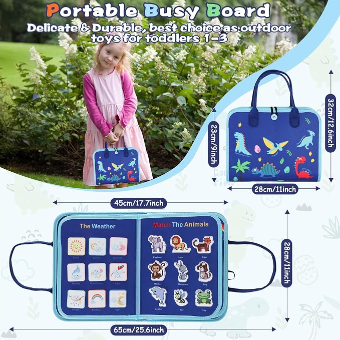 Montessori Busy Board for Toddlers 3-6, Sensory Educational Activities Board for Learning Fine Motor Skills, Travel Toys for Airplane Car, Gift for Girls Boys 3+ Years Old (Dinosaur)