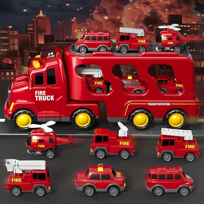Beby Buty 7 in 1 Fire Trucks Cars Toys for Toddlers 3-5, Boy Toddler Car Truck Toys with Light Sound, Birthday Gifts Toys for 3 4 5 6 Year Old Boy