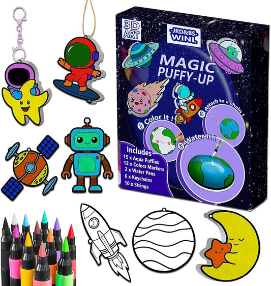 JRD&BS WINL Magic 3D Art Kit for Kids: 15 Aqua Puff Paint by Number Crafts, DIY Color & Inflate Activity for Boys Travel Toys for Children Great Gifts for Girls & Boys Ages 4-10(Outer Space)