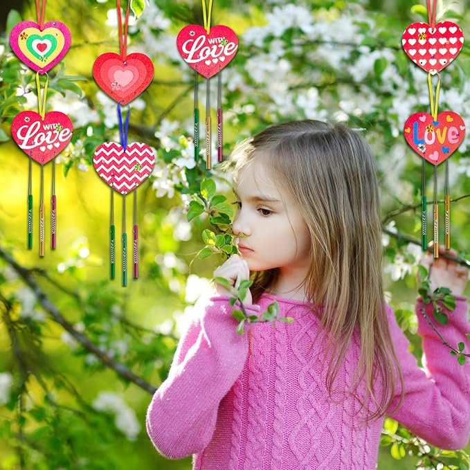 Fennoral 27 Pack Heart Wind Chime Kit for Kids Make You Own Double Side Wind Chimes DIY Colorful Wooden Art and Craft for Kids Mother's Day Party Decoration Mom's Birthday Gift from Kids