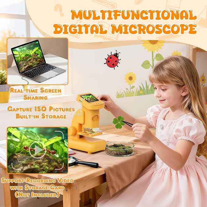 1200X Microscope for Kids, 2 in 1 Handheld & Desktop Digital Microscope with 9 Slides Science Kit, Portable Microscope HD Screen Video Record, STEM Educational Toys Gifts for Ages 6-12 Boys Girls