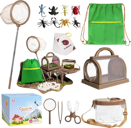 Bug Catcher Kit for Kids Outdoor Explorer Kit with Insect Cage, Observation Box, Magnifying Glass, 8 Toy Bugs, Net & 10 Cards, STEM Educational Toys Gifting for Boys & Girls Ages 3+