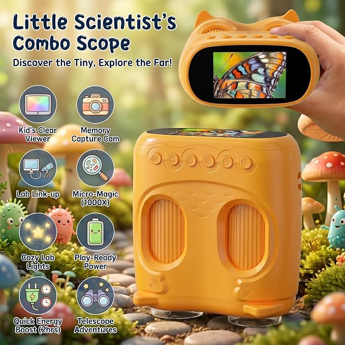 2-in-1 Kids Microscope and Telescope, 1000X Handheld Digital Microscope for Kids, 2.0" Screen, 8 LEDs, 10X Pocket Telescope for Outdoor, 1080P Camera STEM Toys Gift for Boys Girls 4-12, Yellow