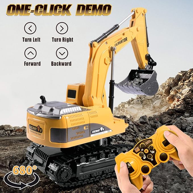 ID Gerilla Remote Control Excavator, RC Construction Toy | Metal Shovel Digger Excavator with 680° Rotation Digging Sand, Realistic Lights Sounds, Christmas Birthday Gift Toy for Boys
