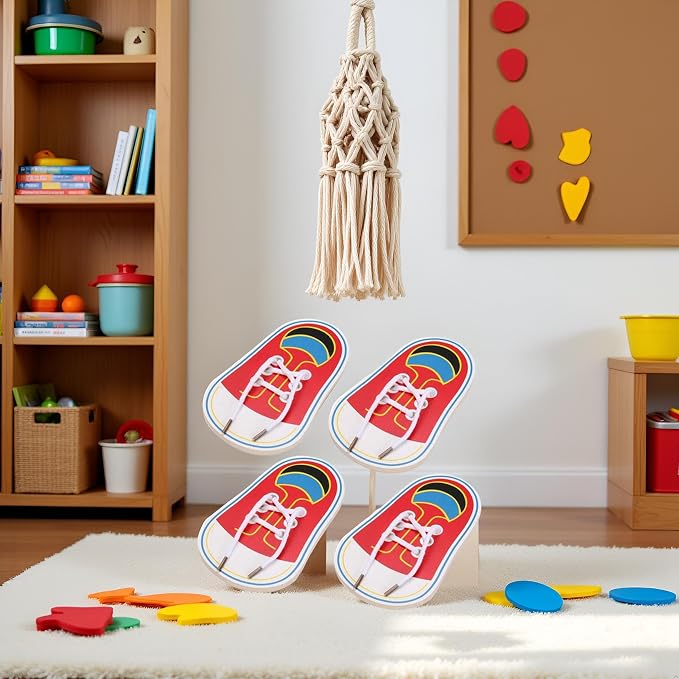 Jinshining 4 Pcs Shoes Learning Toy Kits Learn to Tie Your Own for Kids Practical Learning Toys for Young Children Training Board Kids Toddler Early Wooden Threading Lacing Shoes Craft Kits