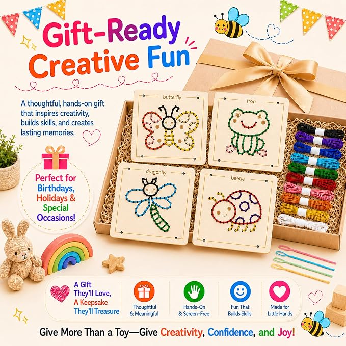 Montessori Wooden Lacing Toys for Toddlers and Kids Ages 2-4 5-7, Sewing Kit Fine Motor Skill Busy Board, Education Sensory Preschool Toy for 1 2 3 4 Year Olds, Birthday Gift for Boys and Girls