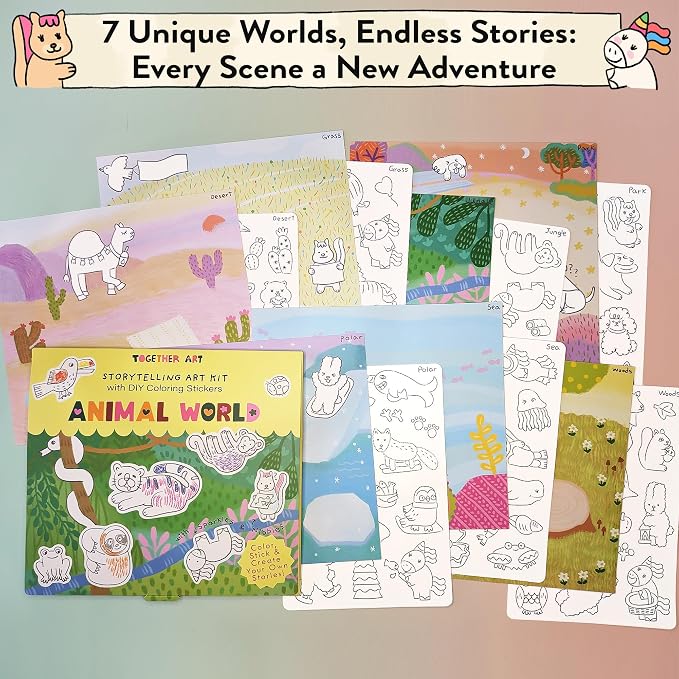Animal World DIY Coloring Stickers for Kids - Arts and Crafts Kit, Color Your Own Sticker Set, Road Trip Travel Activity, Storytelling Craft Kits Birthday Gift for Girls, Boys Ages 3-10+