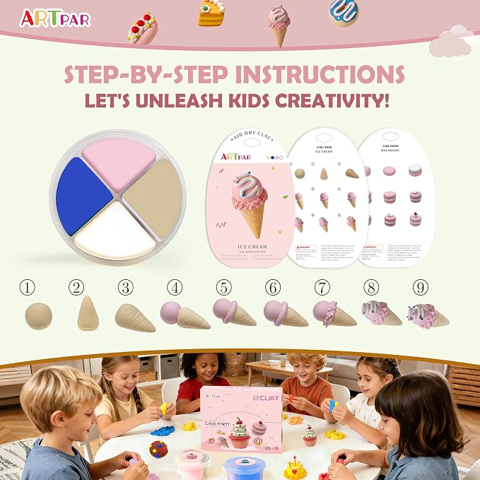 ARTPAR Air Dry Clay Kit,12 Desserts Modeling Magic Clay for Kids Craft Kit | Ultra-Light & Soft, Safe and Non-Sticky | Cute DIY Art & Crafts Fun Kitchen Toys, Home Party Favors Gifts for Boys & Girls