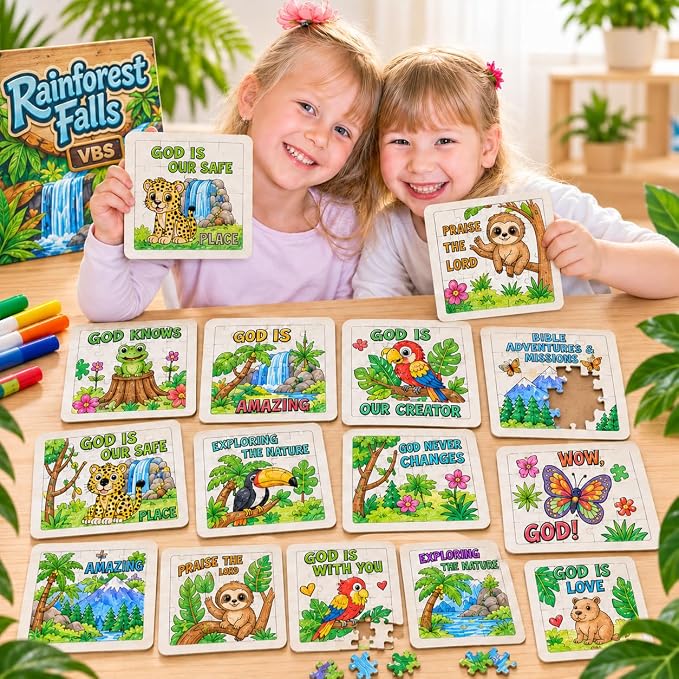 Cinrobiye 24 Pcs Rainforest Falls VBS Coloring Puzzle Kit, Christian Jungle Animal Puzzle Crafts for Vacation Bible School, Sunday School, Church Activities and Faith-Based Group Events