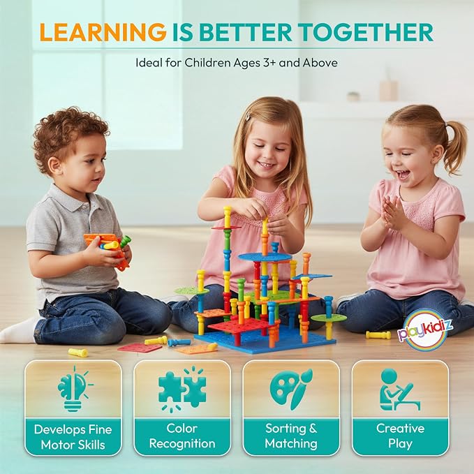 Play Build Kids Peg Board Building Set 117 Pieces - STEM Construction with Colorful Pegs & Shapes, Fine Motor Skills Learning Toy, Montessori Toddler Building Toys for Boys & Girls Age 3+